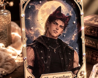 May include: A rectangular wooden frame featuring an illustration of a person with dark hair and animal ears, set against a full moon and night sky. The frame is decorated with small crystals and the text The Guardian is printed on a plaque at the bottom.