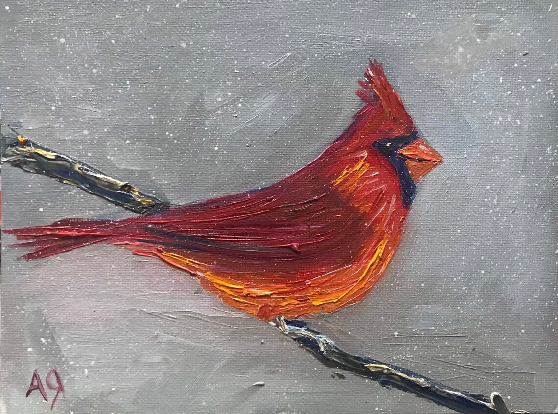 Red cardinal painting oil on canvas bird wall decor Etsy