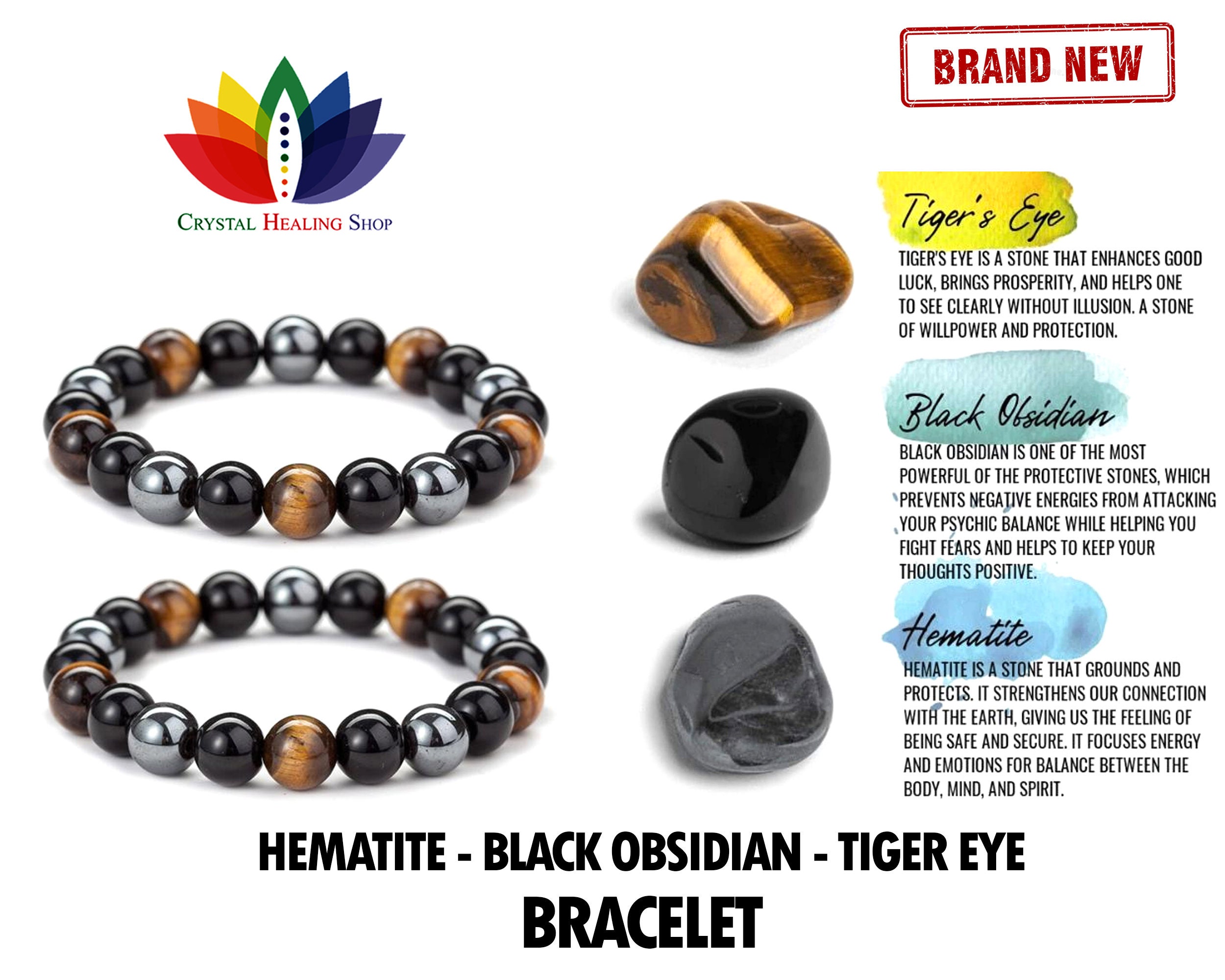 Hematite Black Obsidian Tiger Eye Stone Bracelets Triple Etsy