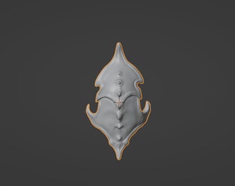 May include: A 3D model of a gray, detailed, helmet-like object with a pointed top and intricate designs.