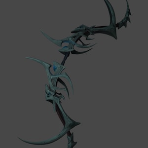 May include: A dark blue and silver bow with intricate details and blue gems. The bow is curved and has a sharp point at the end.