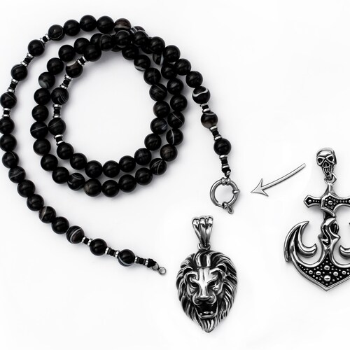 Brutalist Human Skull & Anchor Pendant Necklace For Men, Fisher Sailor's Amulet Gift, Occult Black shops Agate Beaded Necklace, Gemstone Jewelry