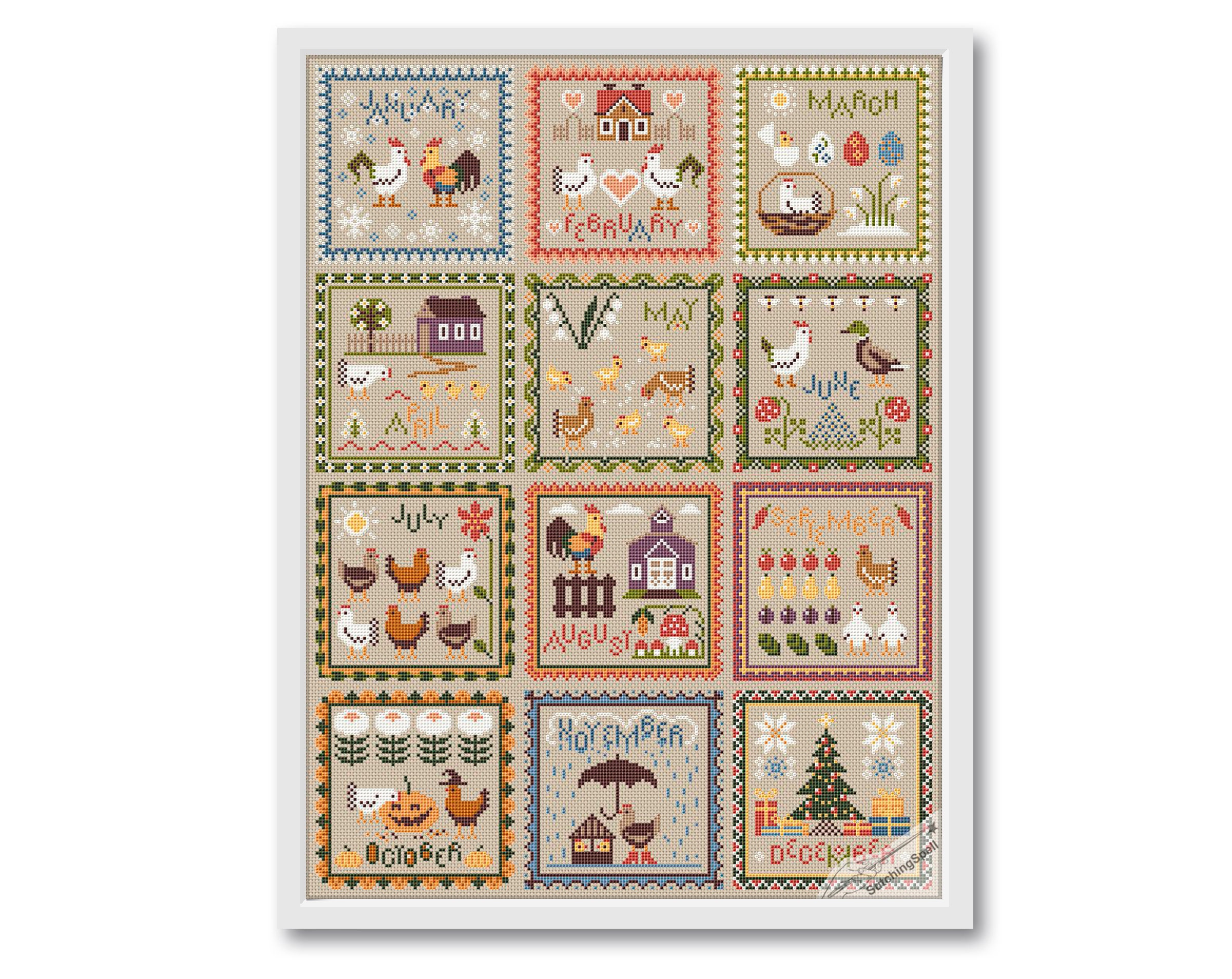 Cross Stitch Months Year Pattern PDF Primitive Modern Folk Etsy