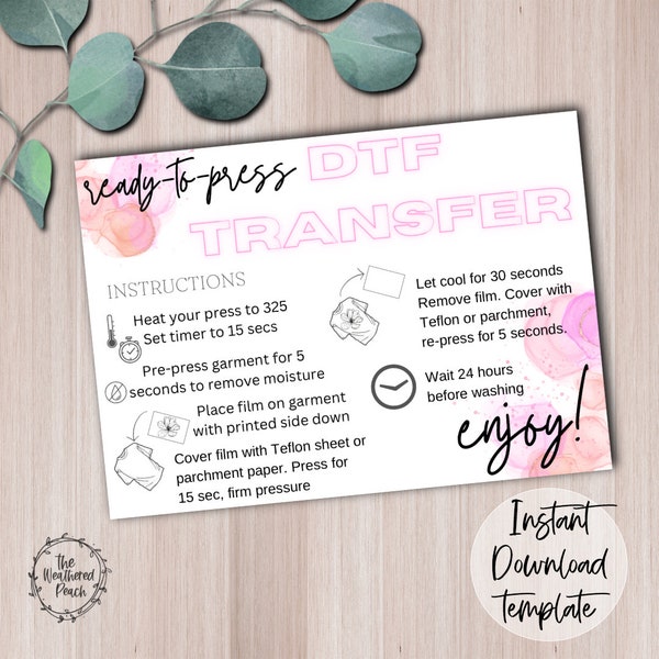 Modèle de canva de carte d'instructions de transfert dtf modifiable pour les petites entreprises client emballage insérer note imprimer à la maison laisser une carte de révision