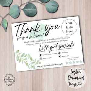 Editable thank you for your purchase card canva template for small Business customer packaging insert note print at home leave a review card