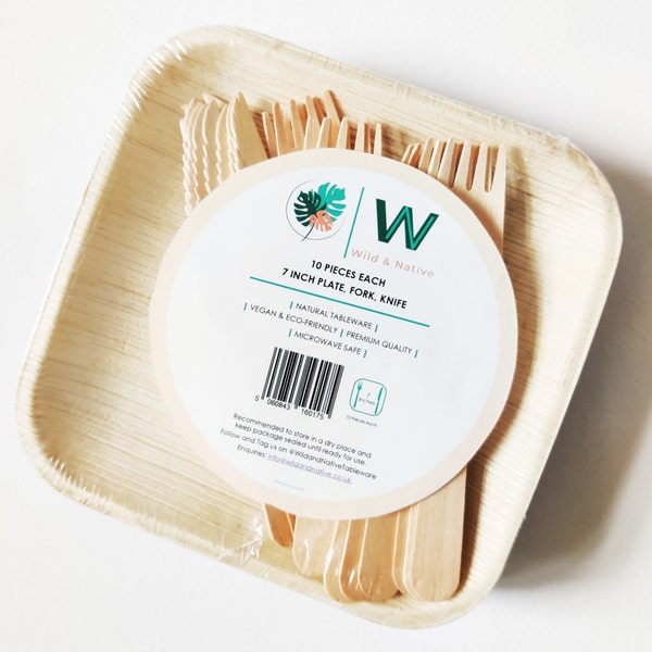 10 Palm Leaf Bundle Set with Cutlery |Disposable | Natural and Eco Friendly | Party| Picnic| Bamboo Style Plates| Rustic| Combo - 7" plates