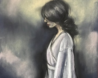 Woman in the moonlight | original painting | approx 20 X 30 cms | charcoal and pastel on dark blue pastel paper