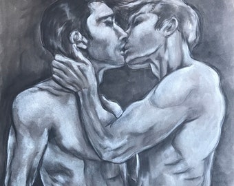 Lovers&#39; kiss | original pastel painting | A3 | unframed | graphite, charcoal and pastel on grey Murano pastel paper