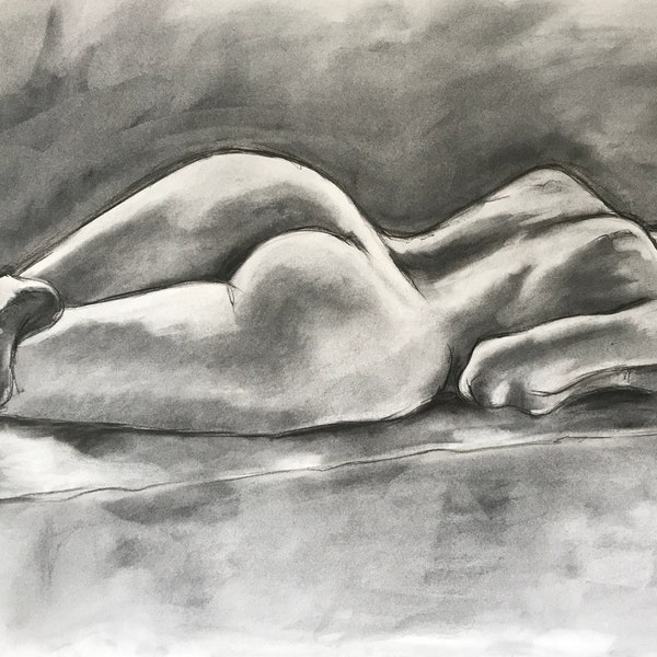 Female nude lying on front | original charcoal drawing | A2 | 59 X 42 cm | unframed | charcoal and pastel pencil on white cartridge paper
