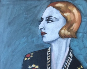1920s woman in profile | original painting | A4 | 210 X 297 mm | pan pastel and charcoal pencil on black pastel paper