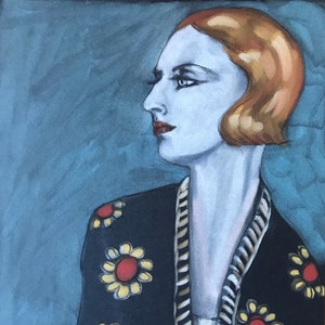 Mujer de perfil de los años 20 / pintura original / A4 / 210 X 297 mm / pastel y lápiz de carbón sobre papel pastel negro