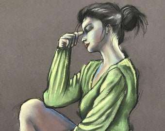 Woman in green silk dress | original painting | 16 X 12 inches | charcoal and pastel on dark grey pastel paper