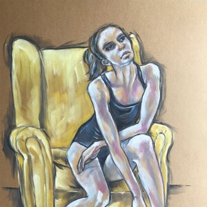Young woman sitting on yellow armchair | original drawing / painting | 16 X 12 ins | pastel on brown pastel paper