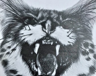 Roaring wild cat (serval) | A4 (297 x 210 mm) | Original graphite pencil drawing on white cartridge paper
