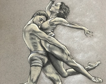 Ballet dancing couple | male lifting female partner| original life drawing | 24 X 32 cm | charcoal and pastel on grey-beige pastel paper