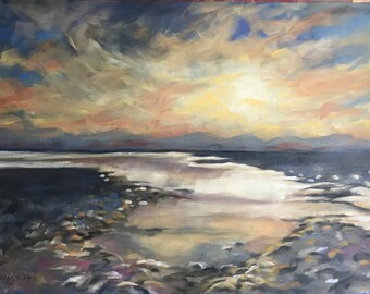 Winter sunset over River Eden, Cumbria | original pastel painting | A3 | pastel on blue pastel paper