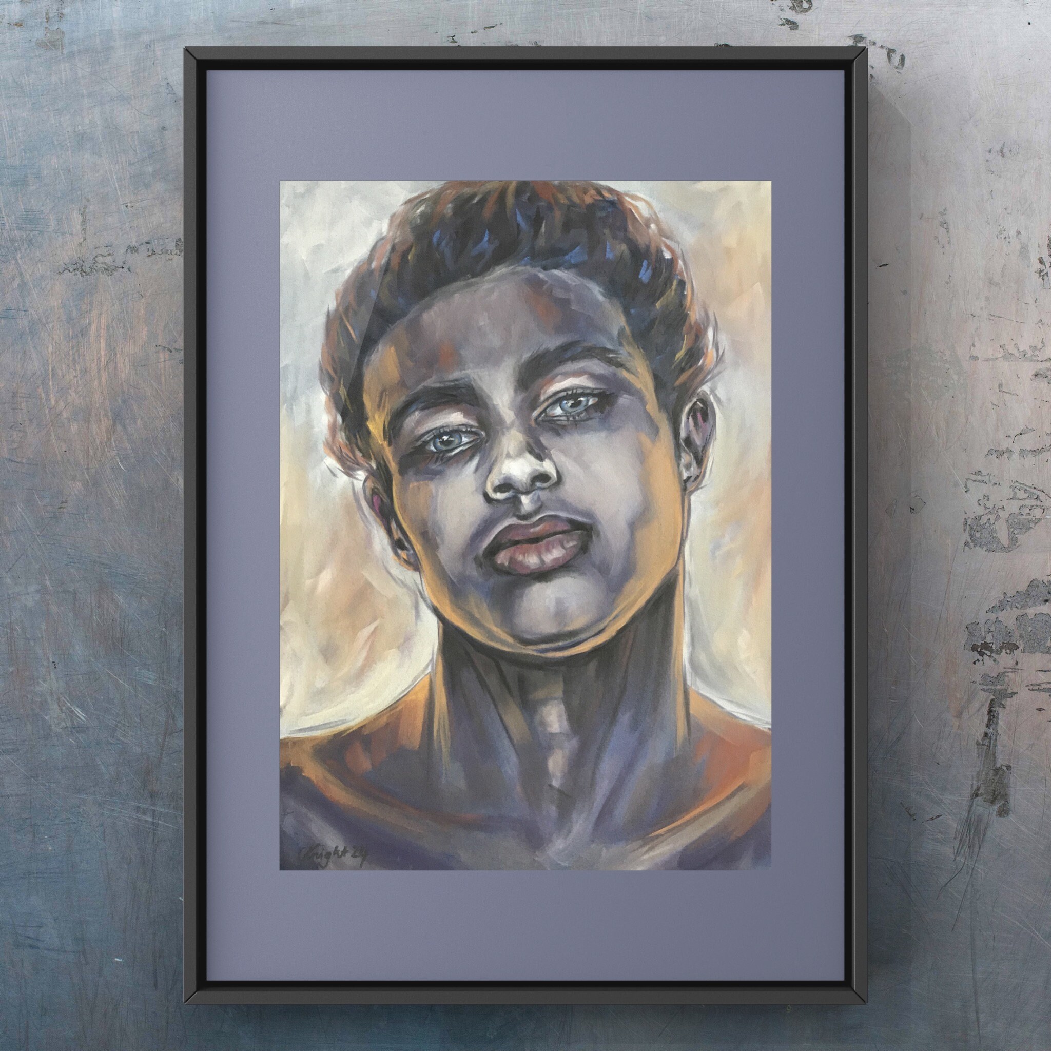 Androgynous Man Original Portrait: Pastel Drawing on Dark Blue Paper A3 ...