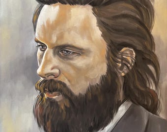 May include: Oil painting portrait of a man with a full beard and long brown hair. The man is wearing a dark suit jacket and a white collared shirt. The painting has a soft, muted color palette.