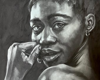 Original Pastel Portrait Painting | Young Woman looking over shoulder, Black and White Soft Pastel Art. A3