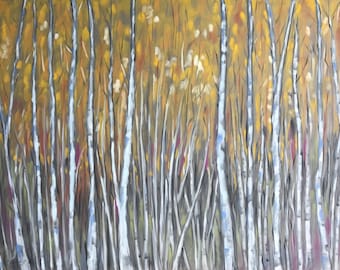 Sunlit silver birch woods | original pastel painting | 47 X 65 cm | unframed | soft pastel on grey Ingres pastel paper