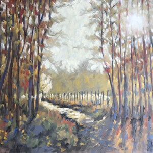 Path through autumn woods in the morning sun | original pastel painting | &lt; A2 | approx 22&quot; X 17&quot; | Pan pastels on grey pastel paper