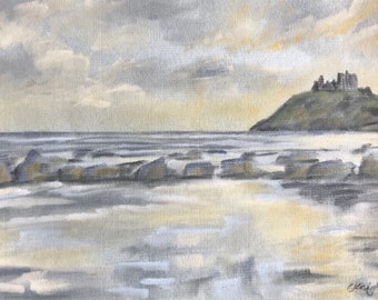 Small pastel seascape painting | Borth-y-Gest, North Wales | 9 X 6 inches | soft pastel on grey-blue Ingres pastel paper