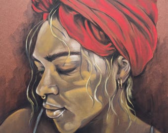 Original Pastel Portrait of a Woman in a Red Head Scarf | Pastel on Brown Card (A3)