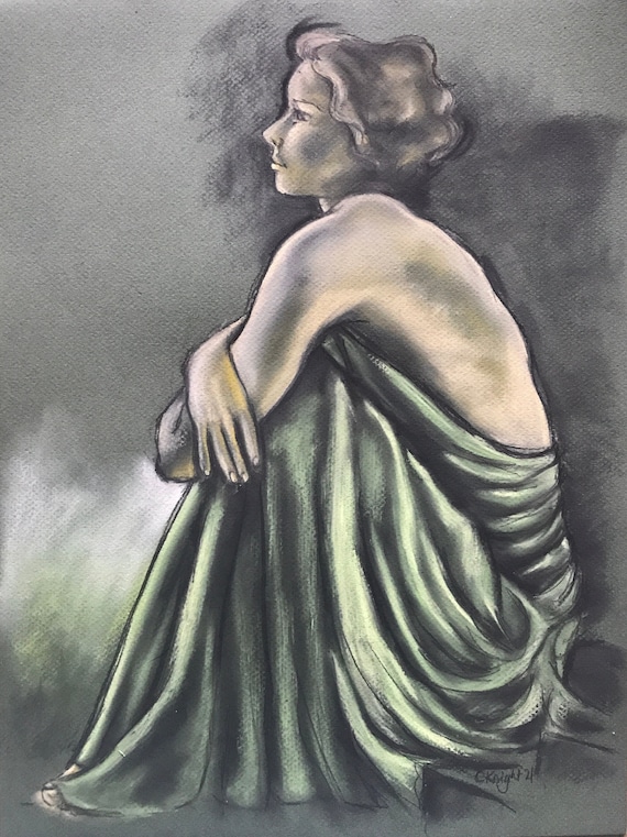 Original Charcoal & Pastel Drawing: Woman in Green Silk Dress (16x12  Inches) - Etsy Israel