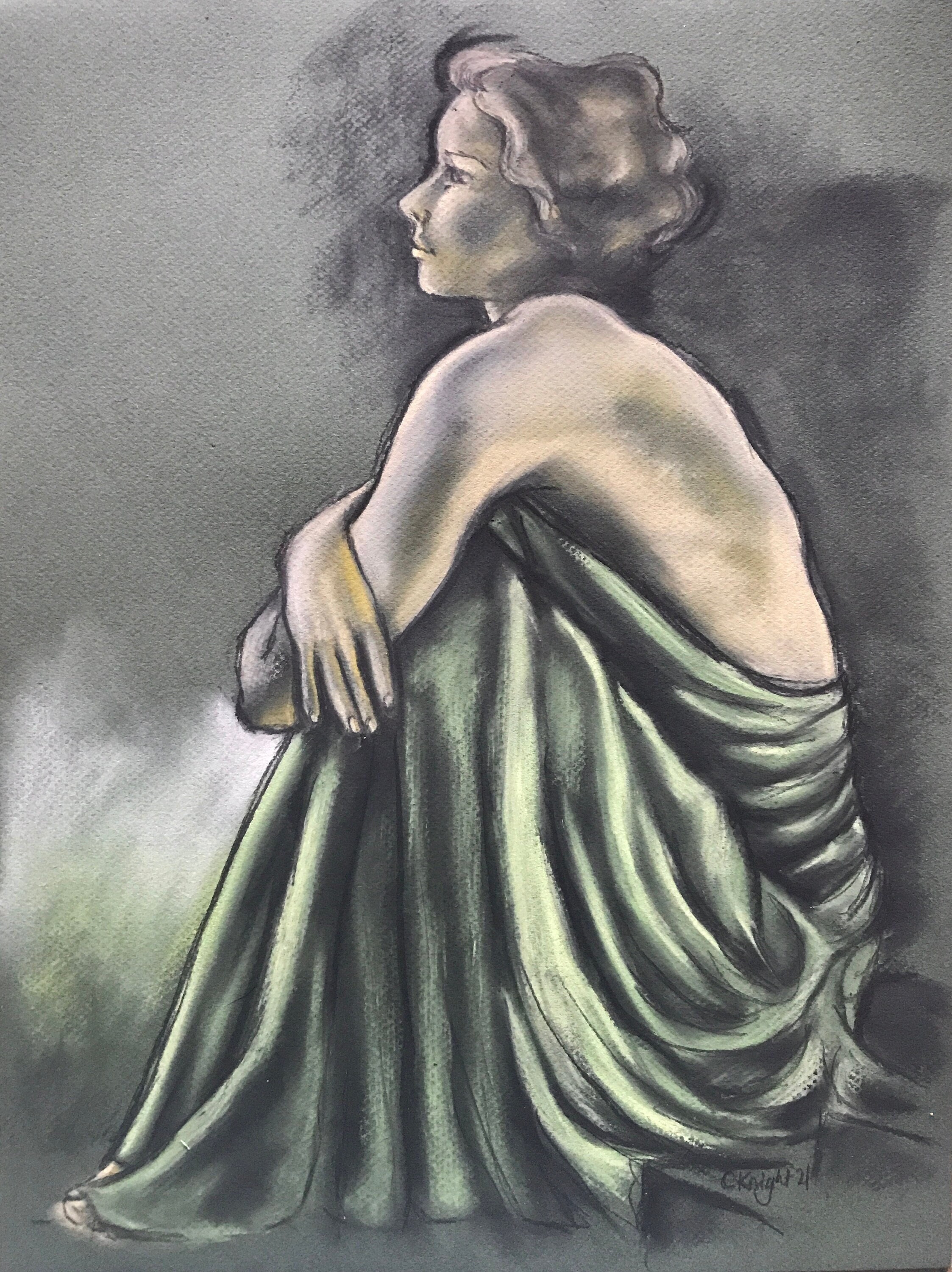 Woman in green silk evening dress | original drawing/painting | 16 X 12 inches | charcoal and pastel on dark green pastel paper