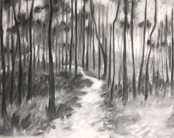 Path Into Woods | original charcoal drawing | A2 | 59 X 42 cm | unframed | charcoal on white cartridge paper