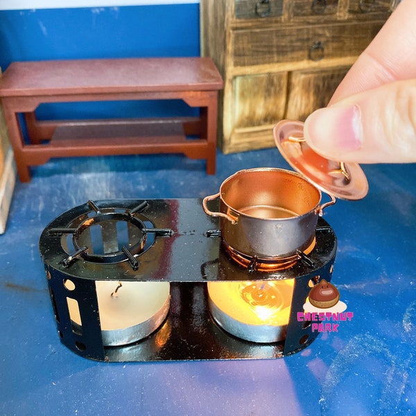 Estufa de vela de cocina en miniatura y juego de olla de cobre para cocinar realmente