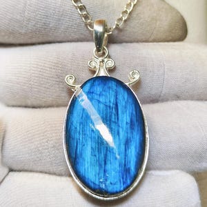 High Quality Blue Labradorite Pendant, 925 Sterling Silver Oval Necklace, Blue Flash Cabochon Gemstone Jewelry, Statement Gift for Her