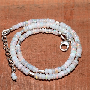 AAA+ Ethiopian Opal Necklace, Beaded  Opal Necklace, Fire Opal Jewelry Gemstone Necklace, Natural White Opal Necklace, 925 Sterling Silver.