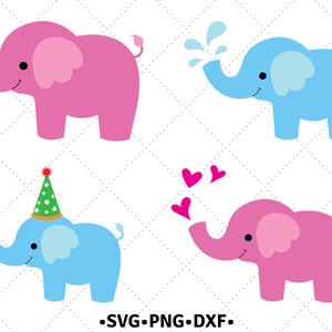 May include: Four cartoon elephants in different poses. Two are pink and two are blue. One elephant is wearing a party hat. Two elephants are holding hearts. One elephant is spraying water.