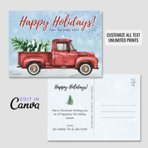 Modelo de cartão postal de caminhão de colheita de árvore de Natal - download digital de cartão postal 5x7 - cartões de Natal personalizados editáveis
