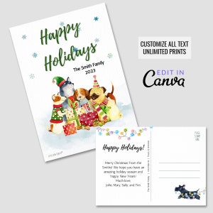Modelo de cartão postal de Natal Happy Dogs - Download digital de cartão postal 5x7 - Cartões de Natal personalizados editáveis