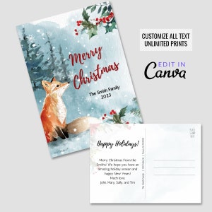 Modèle de carte postale de Noël Winter Woodland Fox - Carte postale numérique en téléchargement 5x7 - Cartes de vacances personnalisées modifiables