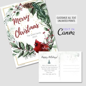 Modelo de cartão postal de Natal com guirlanda cardeal e perene - download digital de cartão postal 5x7 - cartões de Natal personalizados editáveis