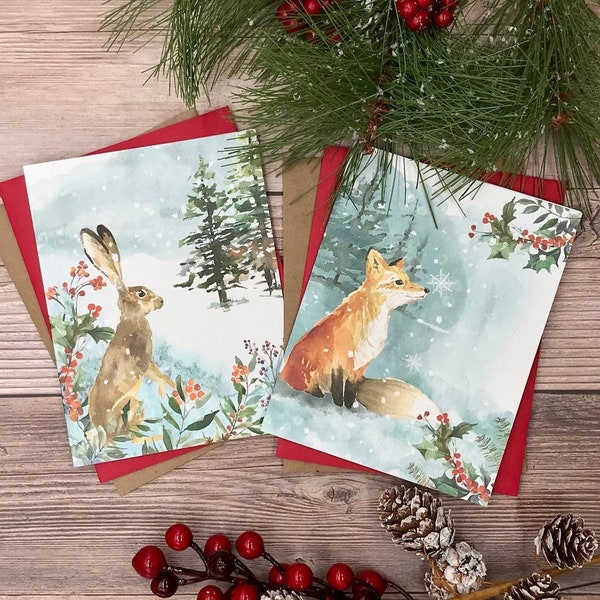 Fox and Hare Christmas Cards (12) watercolor winter woodland animals - blank heavy stock Christmas Holiday Winter cards