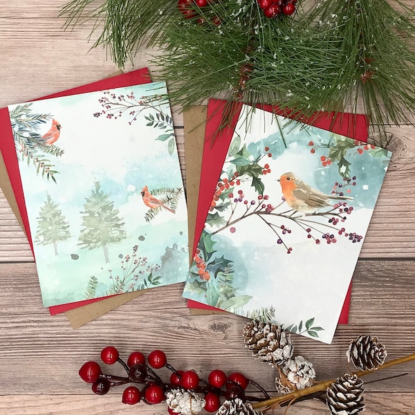 Robin et Cardinal Cartes de Noël (12) aquarelle d’hiver animaux des bois - stock lourd vierge Cartes de Noël d’hiver