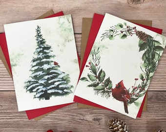 Evergreen Christmas Tree and Cardinal Wreath Cards (12) winter woodland animals - blank heavy stock Christmas Holiday Winter cards