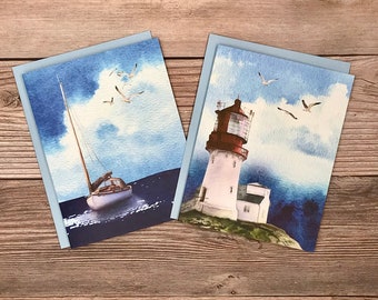 Watercolor Yacht Lighthouse Ocean Combo - 12 note card gift pack - BLANK greeting, thank you, all occasion, birthday card, invitations
