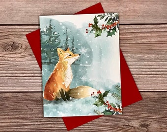Fox Christmas Cards (12) watercolor winter woodland animals - blank heavy stock Christmas Holiday Winter cards