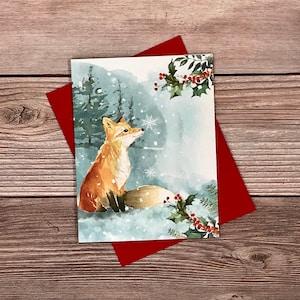Fox Christmas Cards (12) watercolor winter woodland animals - blank heavy stock Christmas Holiday Winter cards