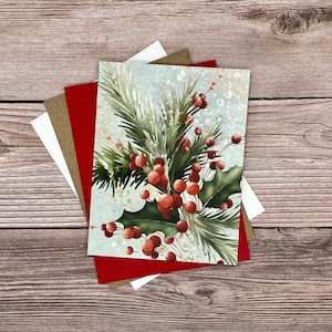 May include: A stack of blank greeting cards with a watercolor illustration of holly and red berries on the top card.