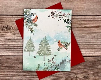 Cardinal Christmas Cards (12) watercolor winter woodland animals - blank heavy stock Christmas Holiday Winter cards