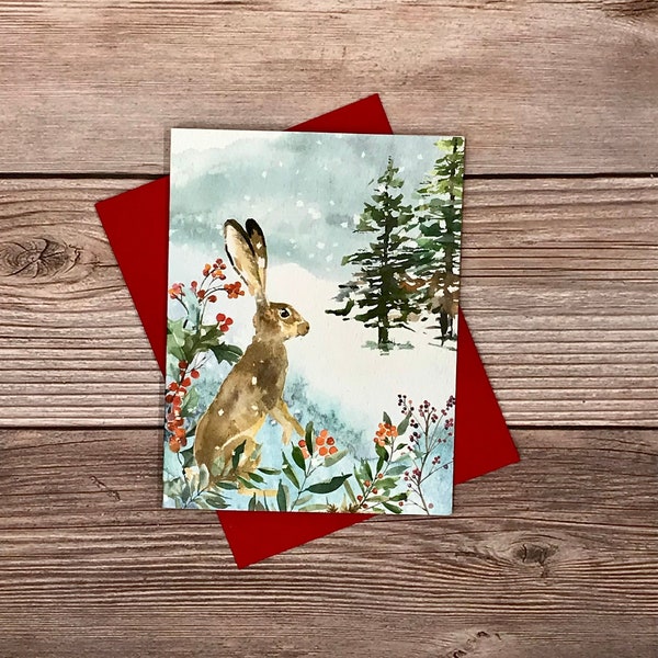 Hare Rabbit Christmas Cards (12) watercolor winter woodland animals - blank heavy stock Christmas Holiday Winter cards