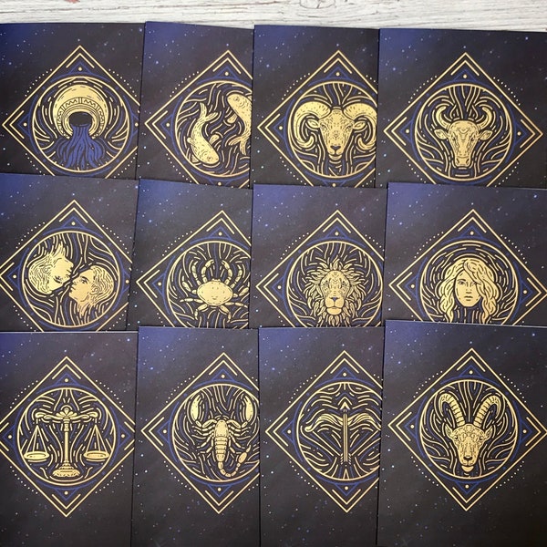 Zodiac note cards- 12 card box set- astrology stars - metallic envelopes - high-end blank greeting cards, thank you cards, birthday card