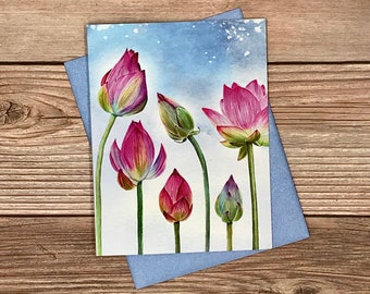 Blooming Lotus Watercolor - 12 card gift set - heavy stock blank greeting, thank you, birthday cards, or invitations w/metallic envelopes