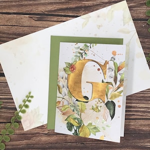 Watercolor Monogram gold/floral letter G initial notecards - 12 note card gift pack, high-end blank greeting thank you birthday card